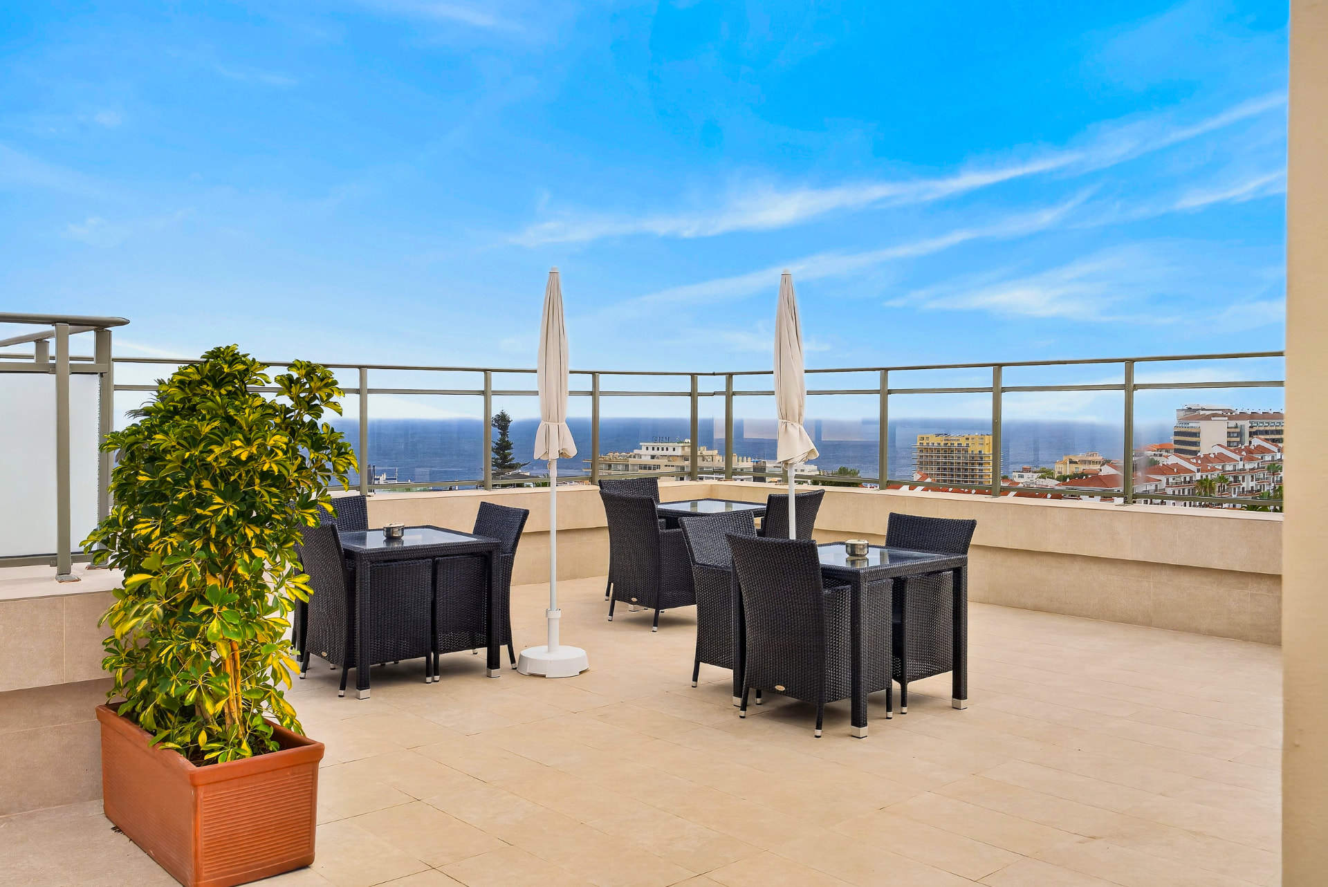 Roof terrace with seating areas and Atlantic views